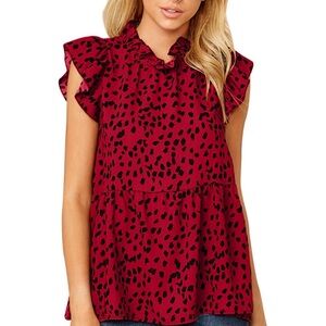 Angashion nwt size XL Stylish Red Leopard Print Ruffle Blouse